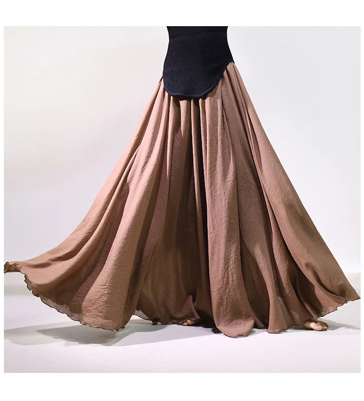 New In 2026 Spring Summer Woman Cotton Linen Midi Skirt Solid Color Loose Flared Pleated A-line Skirt Female Sweet Elegant Skirt