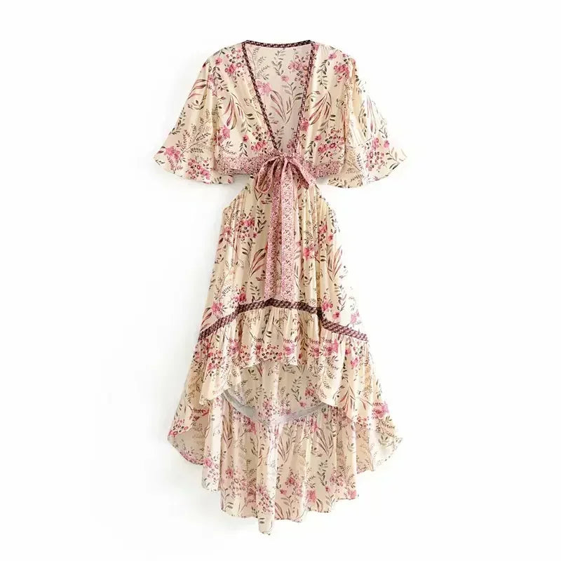 Boho Queens  Women Hollow Out Sexy Beach Dress Bohemian Lady Short Sleeve High-Low Rayon Summer Boho Dresses Robe