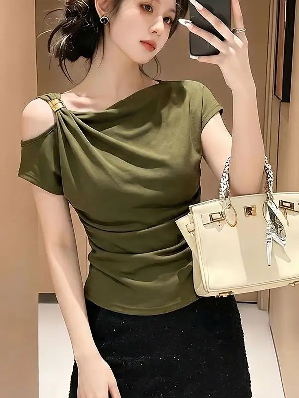 Women's Korean Style Slim Fit T-Shirt Short Sleeve Pleated Top