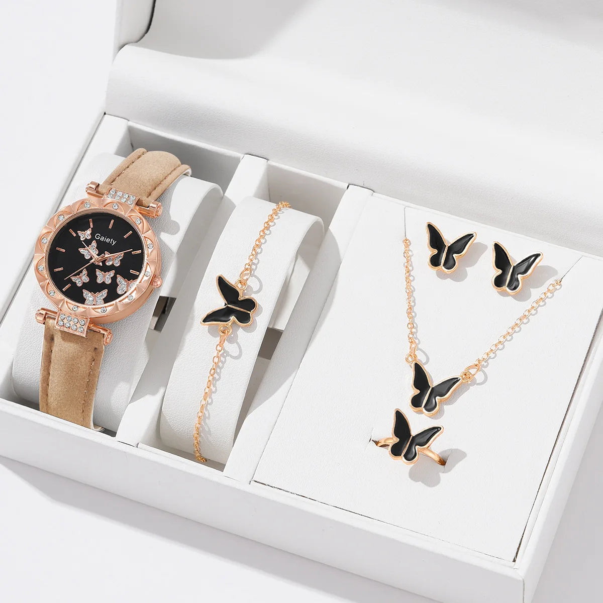 Butterfly Jewelry Set For Women Elegant Leather Watch Ring Necklace Earrings Bracelet Wedding Gift