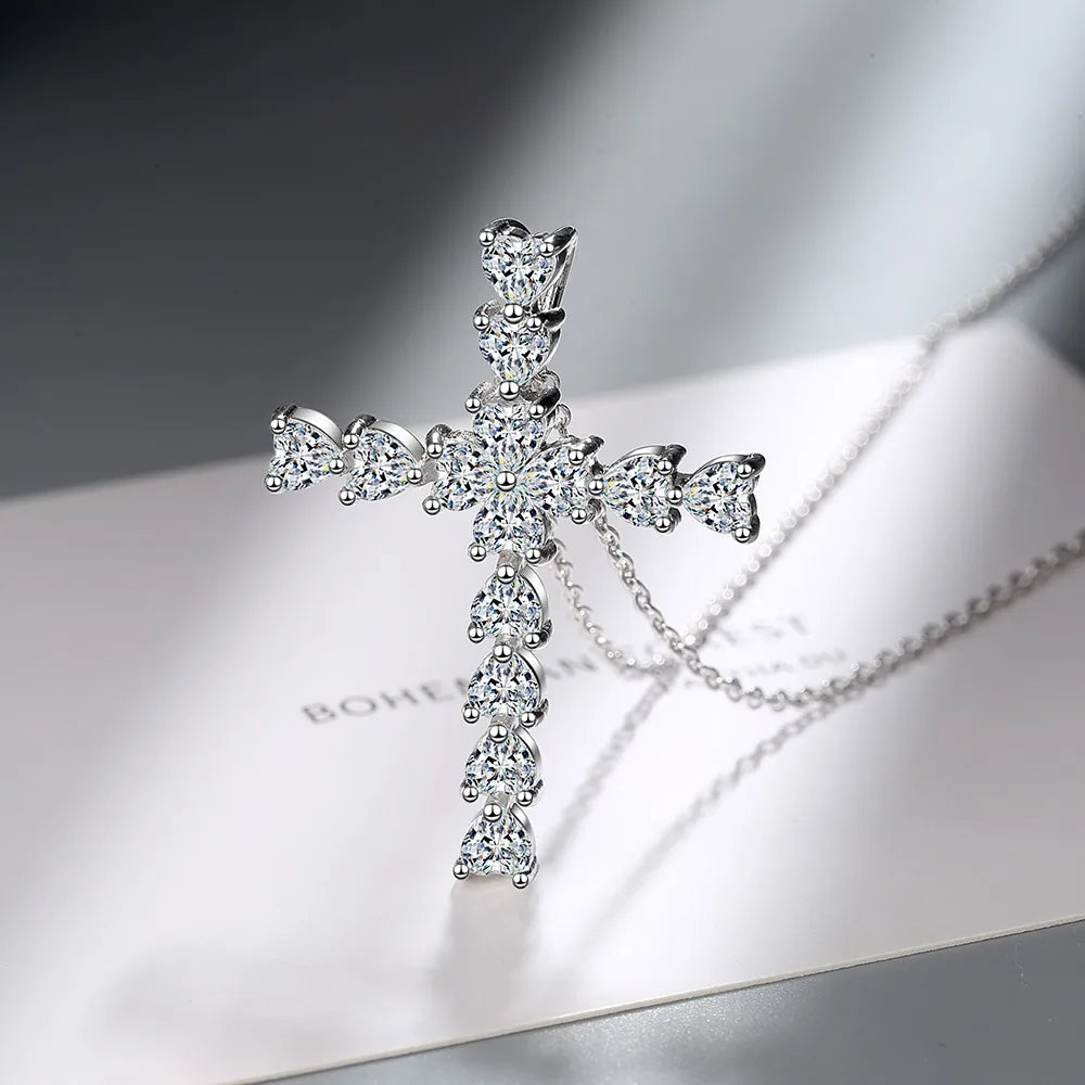 925 Sterling Silver 5A Zircon Cross Pendant Necklace for Women