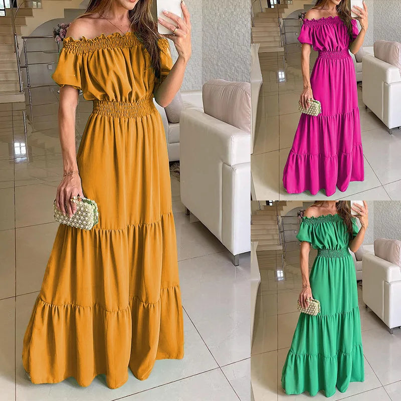 Summer Sexy Off Shoulder Slash Neck Ruffle Beach Party Dress Elegant Women Fashion Red Lace-up Pleated Holiday Long Dresses Robe