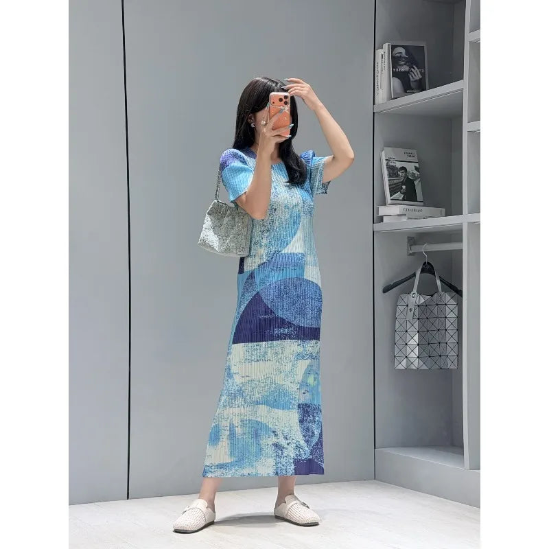 Miyake Pleated Dresses 2026 Summer New Fashion Printed Round Neck Short Sleeve Elegant Women's Draped Elastic Wrinkle-Free Dress