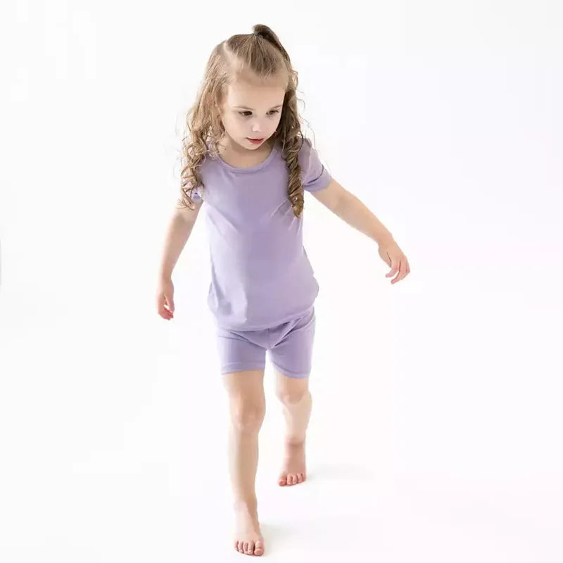 2-Pcs Summer Children's Bamboo Fiber Short-sleeved Shorts Suit Boy Casual Breathable Top Baby Girl Pink Sweet Soft Home Clothes
