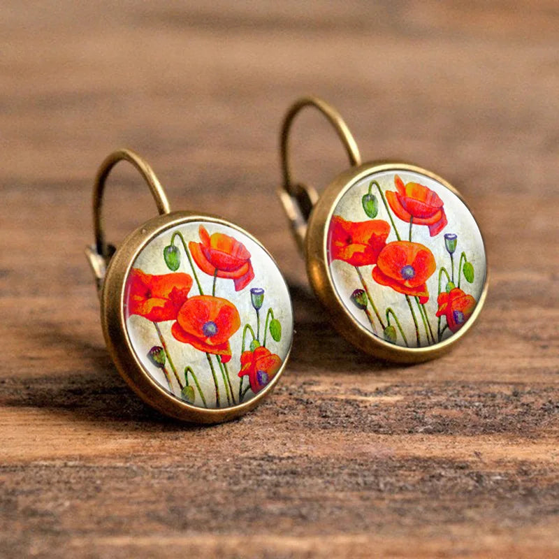 Hot Selling Pop Jewelry Dome Glass Alloy Earrings Flower Painting Noble Fashion