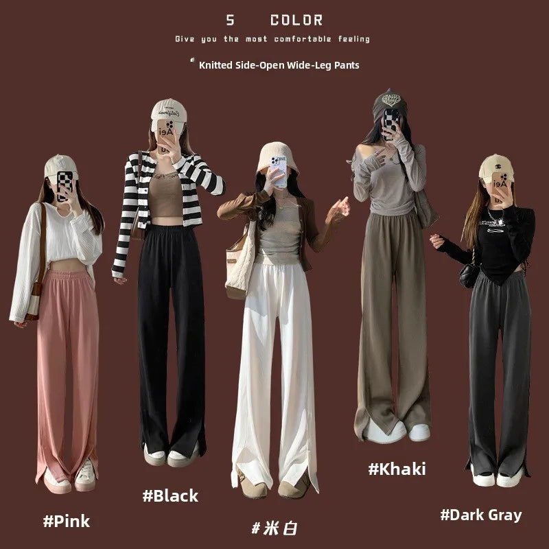 Women's High Waist Wide Leg Knitted Pants - Side Split Casual Long