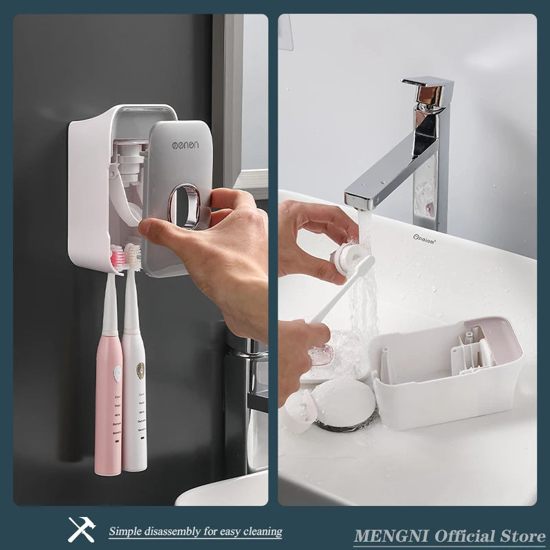 MENGNI Dispensador de pasta dental montado en la pared, exprimidor de pasta dental para baño sin perforaciones, soporte para cepillos de dientes, funcionamiento manual