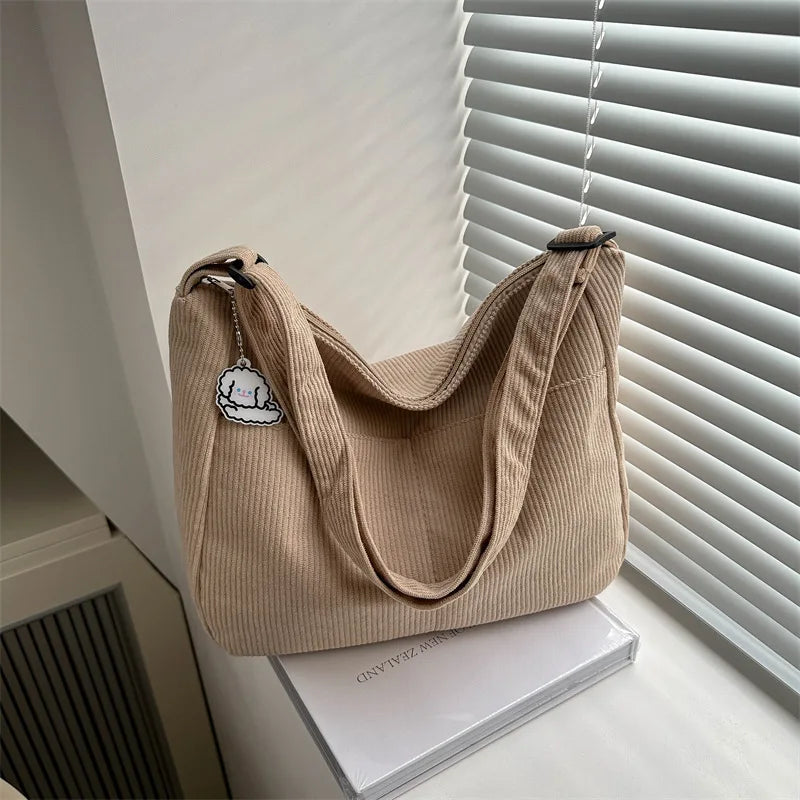 Women’s Corduroy Shoulder Bag, Casual Striped Large Capacity Tote with Zipper Closure, Cute Hat Patch, Perfect for Everyday Use