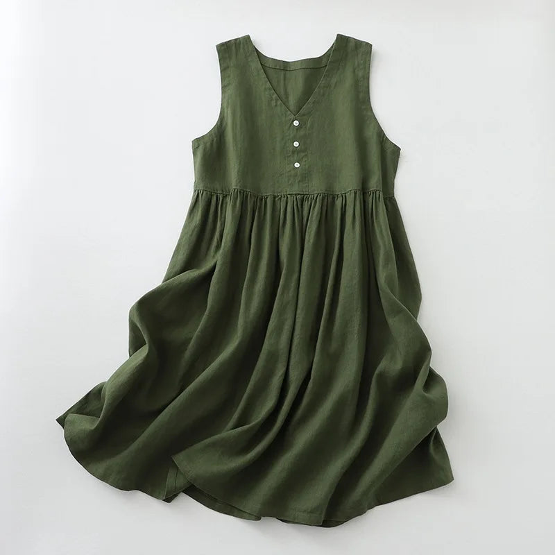 2026 New Women'S'S Cotton Linen Sleeveless Dress Casual V Neck Button Down Loose Midi Dresses For Summer Women'S'S Casual Dresses