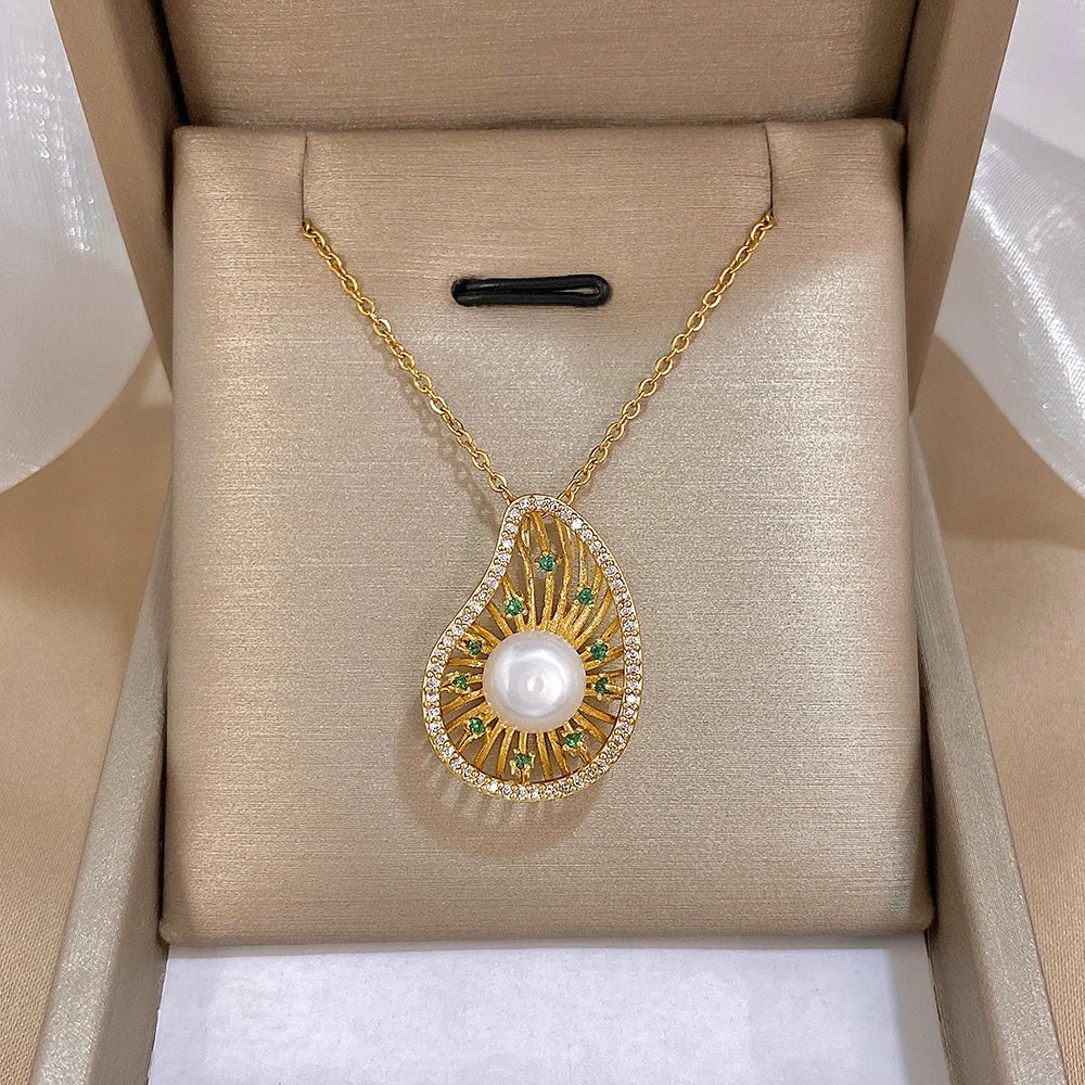 Zircon Pearl Waterdrop Necklace Elegant Gold Plated Copper Pendant On Stainless Steel Chain Gift For Women