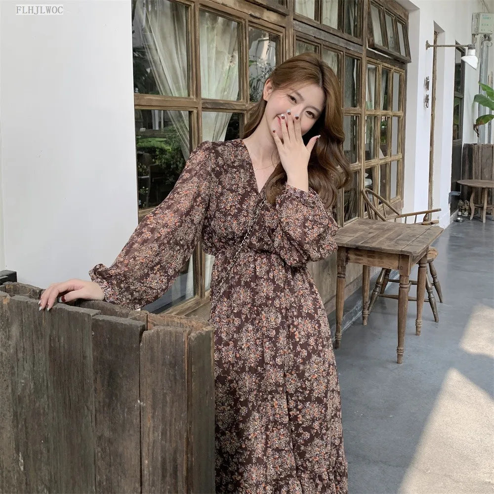 Chic Korean Clothes Design 2022 Autumn Spring Womens V Neck Elegant Lady Floral Printed Retro Vintage Long Maxi Dress