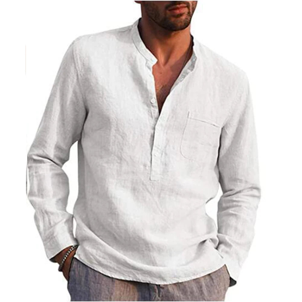 Cotton Linen  Men'S Long-Sleeved Shirts Summer Solid Color Stand-Up Collar Casual Beach Style Plus Size