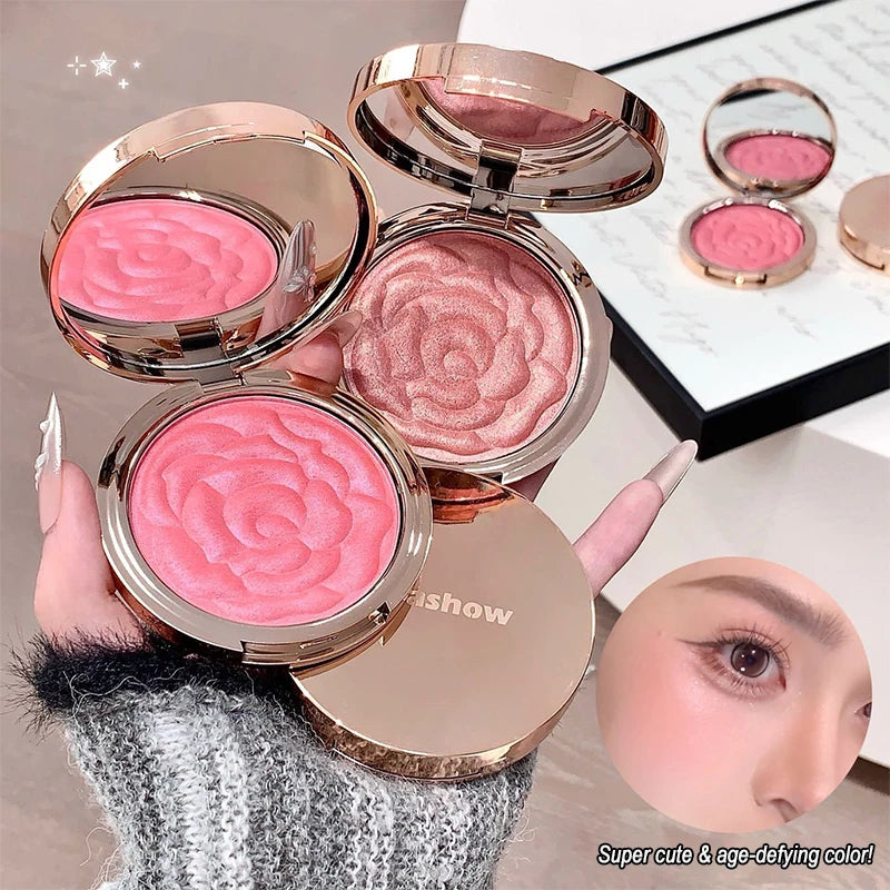 Rose Embossed Blush Powder, Shimmery Finish, Multiple Pink Shades Available, Floral Texture Design, Ideal for Daily Face Makeup