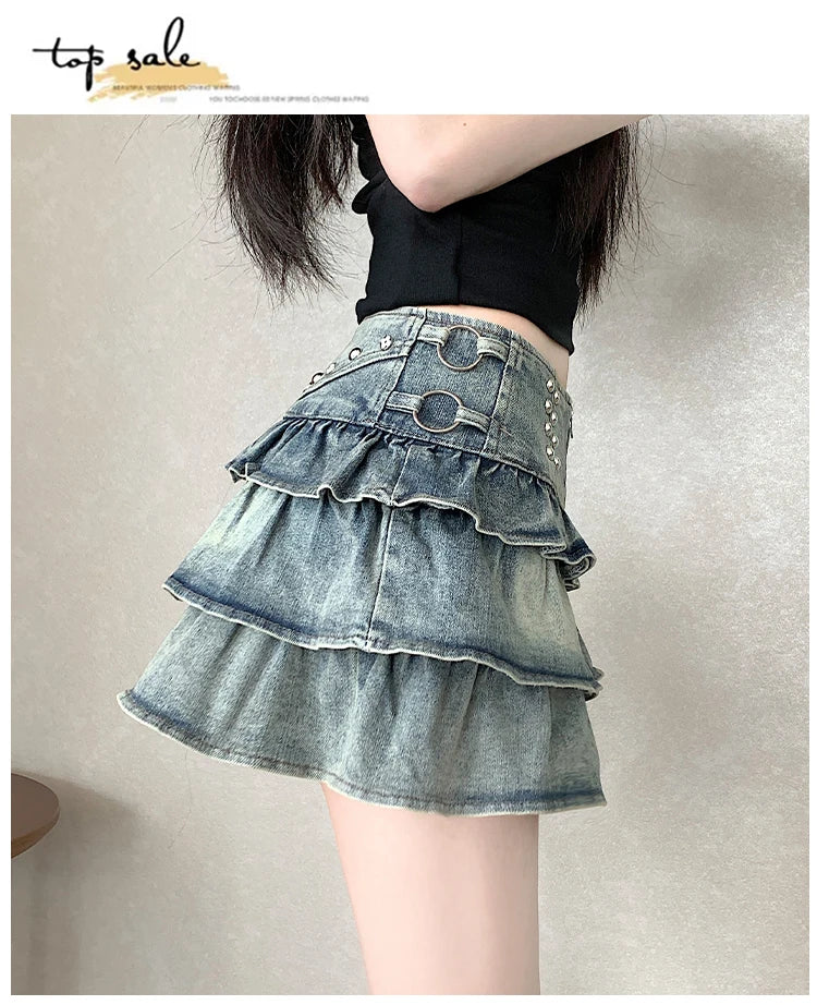 Summer Retro 2026 Korean Fashion Vacation Versatile Sexy Denim Cake Pleated Mini Skirt Women's High Waist Ruffle Short Skirt