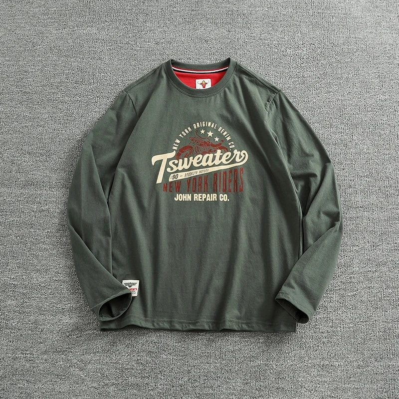 Autumn New American Retro Long Sleeve O-Neck Letter Motorcycle Print T-Shirt Men'S Fashion 100% Cotton Washed Casual Sport Tops