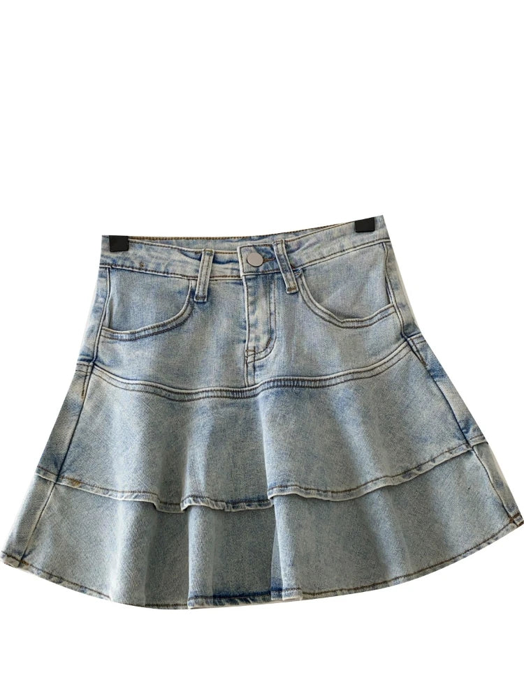 Korean Fashion Preppy Style Denim Skirt Women Slim High Waist Ruffled Layered Hem Vintage Slim Fit Mini Skirt Casual Y2K Clothes