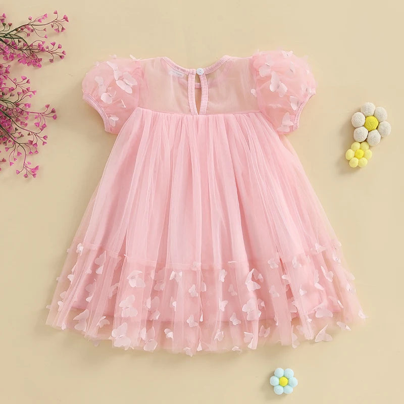 3-8Y Kid Girl Tulle Dress 3D Butterfly Short Sleeve Square Neck Mesh A-Line Dress for Spring Summer