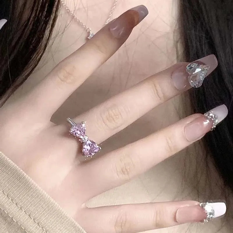 New Arrived Romantic Lovely Pink Bowknot Design Female Exquisite Jewelry Ring with Micro Bow Tie Zircon for Party and Dating
