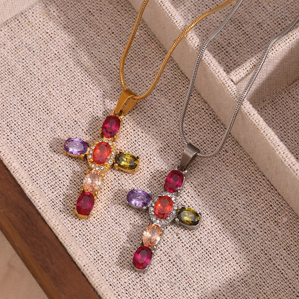 E.B.belle Colorful Rhinestone Cross Pendant Necklace Snake Chain Waterproof Stainless Steel Fashion Jewelry For Women Girls
