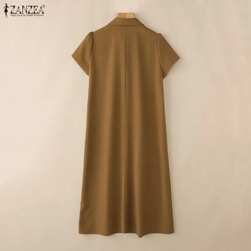 Women Casual Midi Shirt Dress Turn-Down Collar Half Button Short Sleeve Solid Color Dresses ZANZEA Summer Commute Wear Vestidos