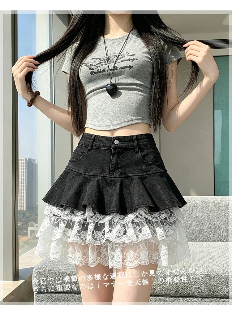 HotSweet Denim Patchwork Lace Mini Skirt 2026 Summer Ruffled Slimming A-Line Skirt For Women Streetwear Y2k Short Skirts