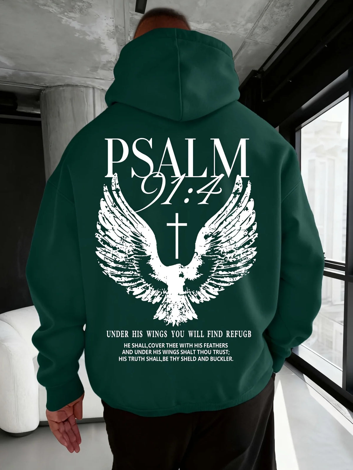 Psalm 91:4 Bible Verse Print Hooded Sweatshirt - Men's Casual Sport