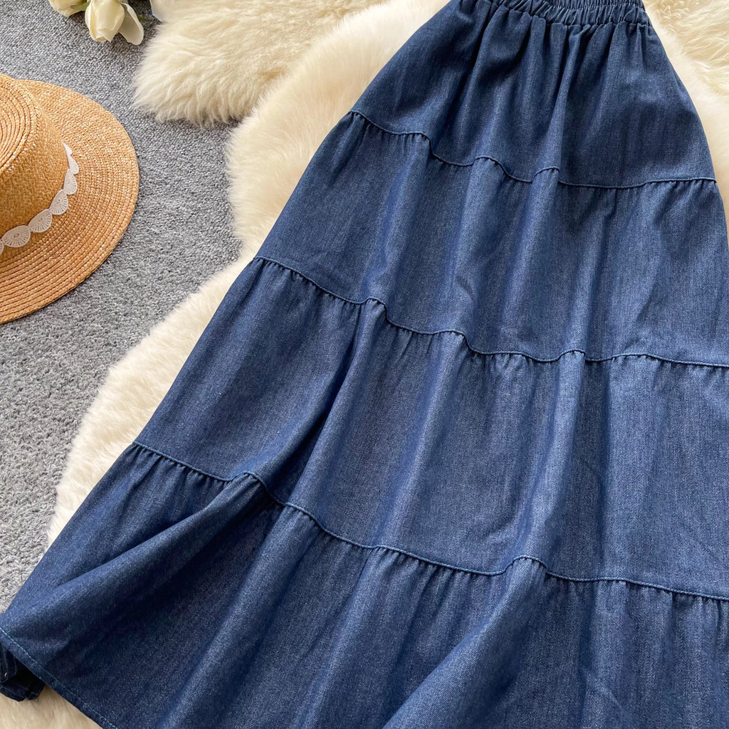 Korean Style A-Line  Skirt Women's Summer Slimming Elastic Waist Denim Patchwork Skirts City Commute Universal Long Skirts
