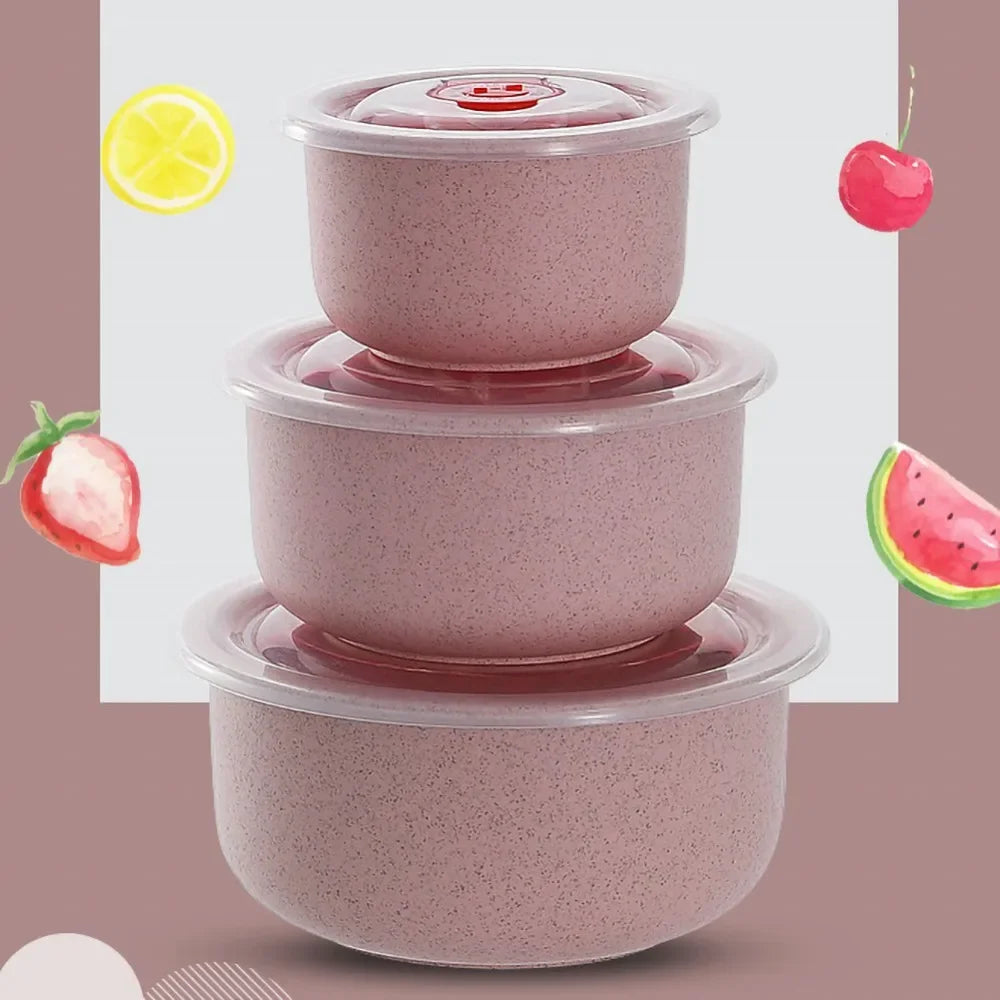 Fiambrera Bento de Paja de Trigo de 3 Piezas, Tazón de Ensalada Ecológico con Tapa, Apto para Microondas, Contenedor de Alimentos, Vajilla de Cocina