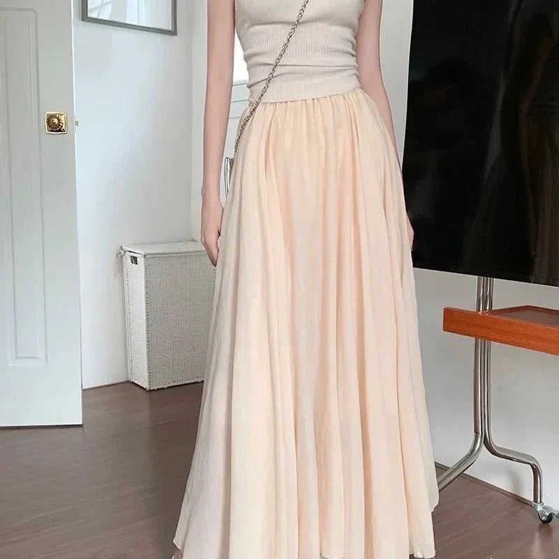 High Quality Cotton Linen Maxi Skirt Women Casual Elastic High Waist Pleated A-Line Beach Skirts Boho Saia Feminina Faldas Jupe