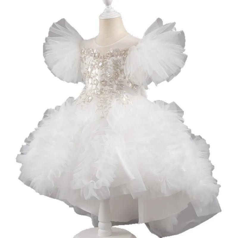 HETISO Girls Elegant Trailing White Dress Flower Appliques Kids Weddings Birthday Party Gown