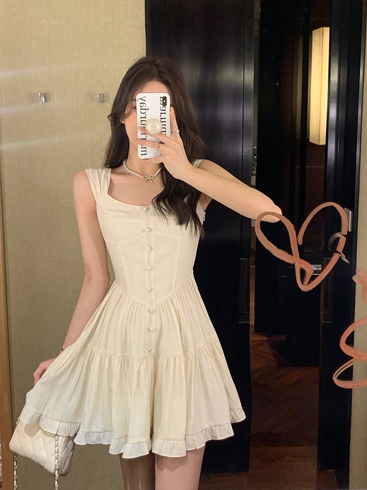 Sweet Style Dopaamine Sleeveless Strap Dress Women's New 2026 Beach Vacation Beautiful Dress High Waist A-Line Korean Style