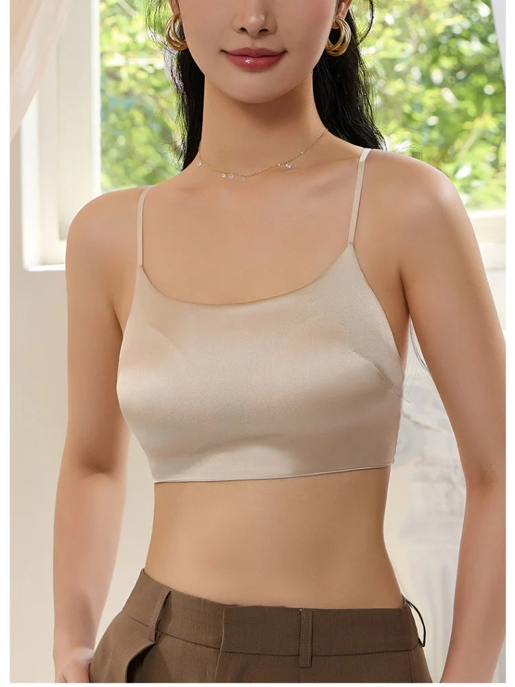 Birdtree 19MM 93% Silk 7% Spandex Solid Bra,Women Satin 3/4 Cup U-shaped Back Soft Breathable Sling Underwear A59124JF