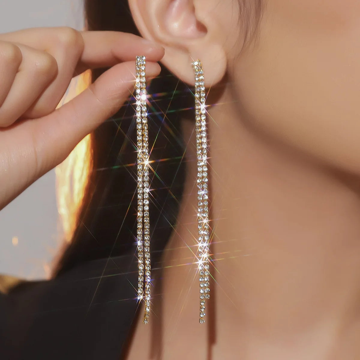 Treazy Shiny 4 Lines Rhinestone Crystal Tassel Long Earrings For Women'S Wedding Hanging Dangle Earrings Bridal Brincos