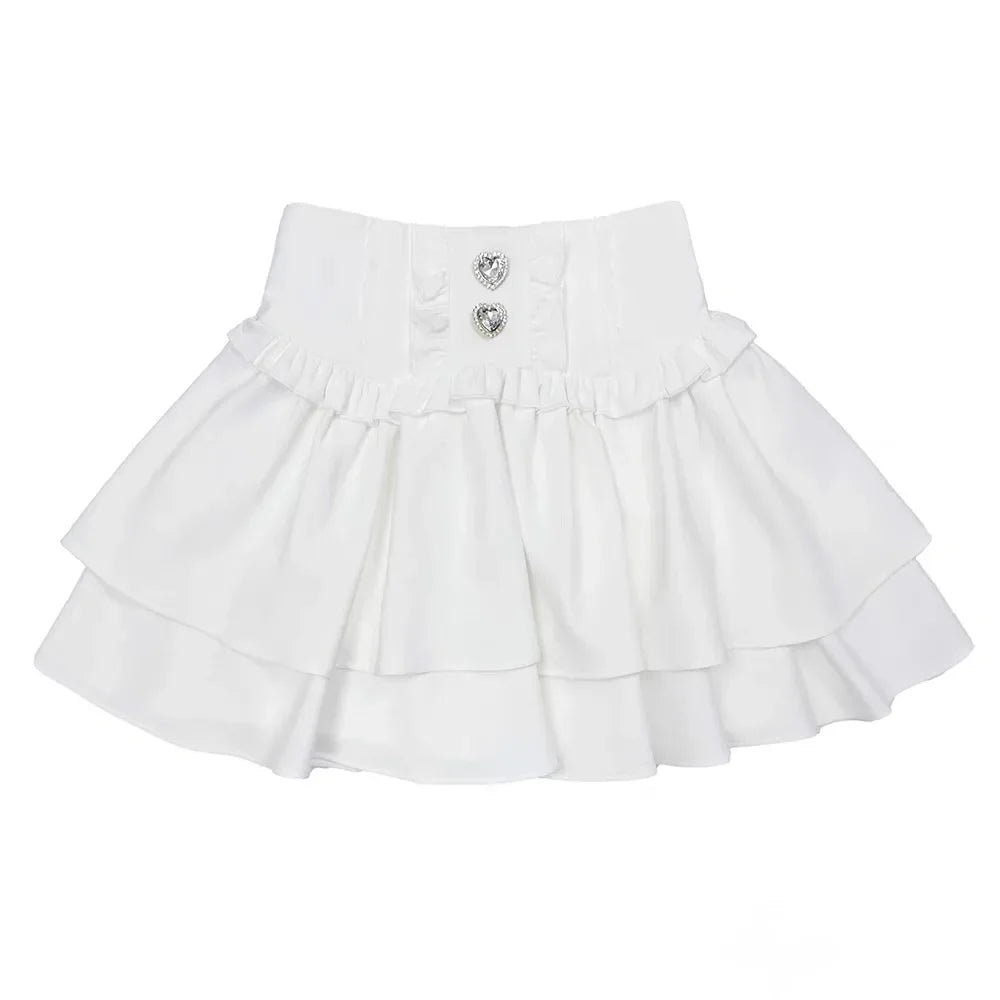 Japanese Cute Sweet Y2k Lolita Cake Skirt Women Hight Waist Rhinestone Plaid Ruffled Layered Skirts Kawaii A-Line Mini Skirts
