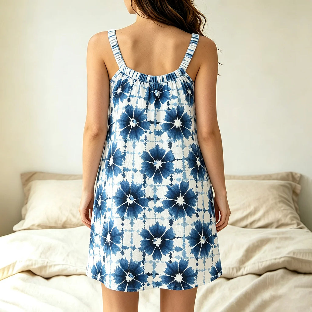 Tie-dye Floral Print Women Camisole Nightgown Cozy Breathable Summer Loose Sleep Dress Fashion Home Casual Sleeveless Pajamas