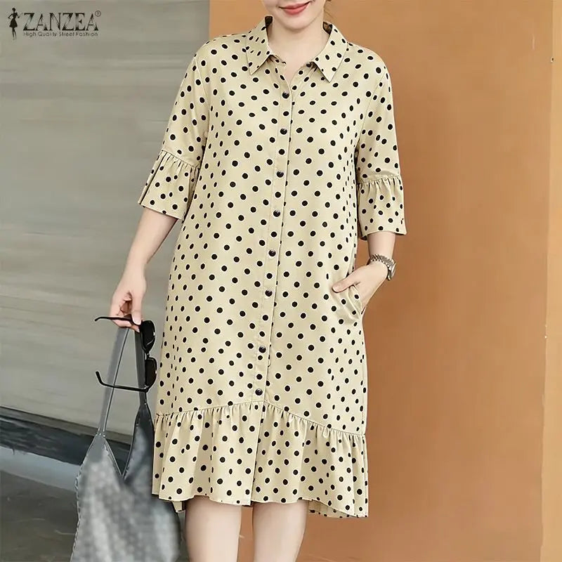 ZANZEA Summer Elegant Lapel Neck Short Sleeve Sundress Polka Dots Printed Women Dress Stylish Casual Holiday Beach Midi Dresses