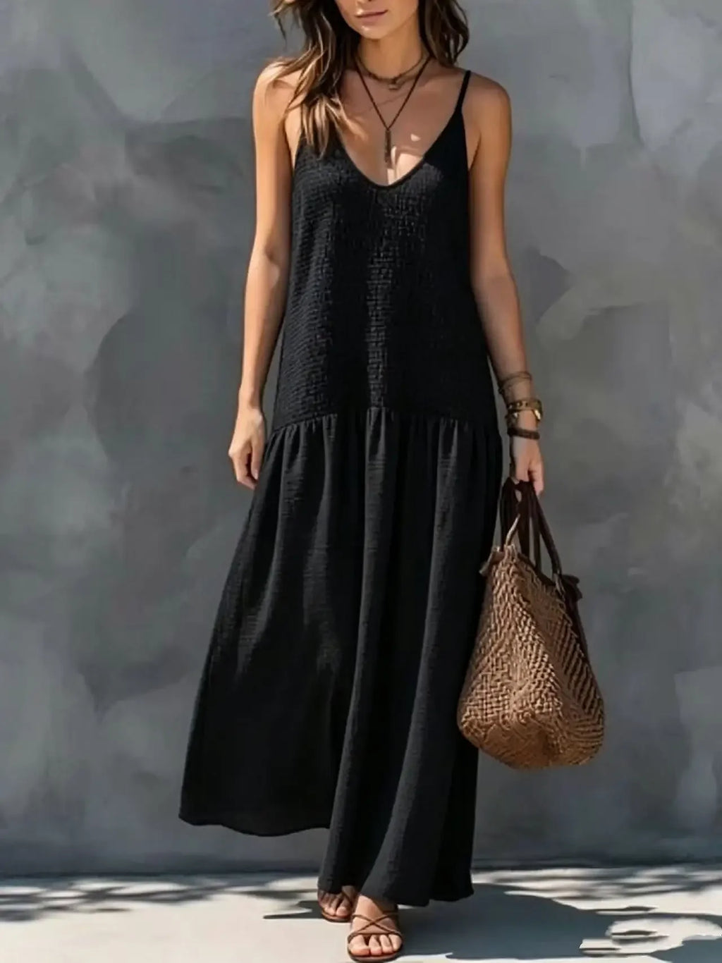 Spaghetti Strap V Neck Maxi Dress Smocked Bust Loose Wide Hem Coastal Style Getaway Wear Sleeveless Beach Long Sundress