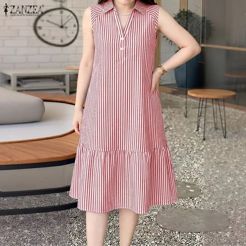 ZANZEA Elegant Women Striped Sleeveless Shirt Dress Casual Ruffle Hem Summer Holiday Button Down Office Work Midi Sundress Robe