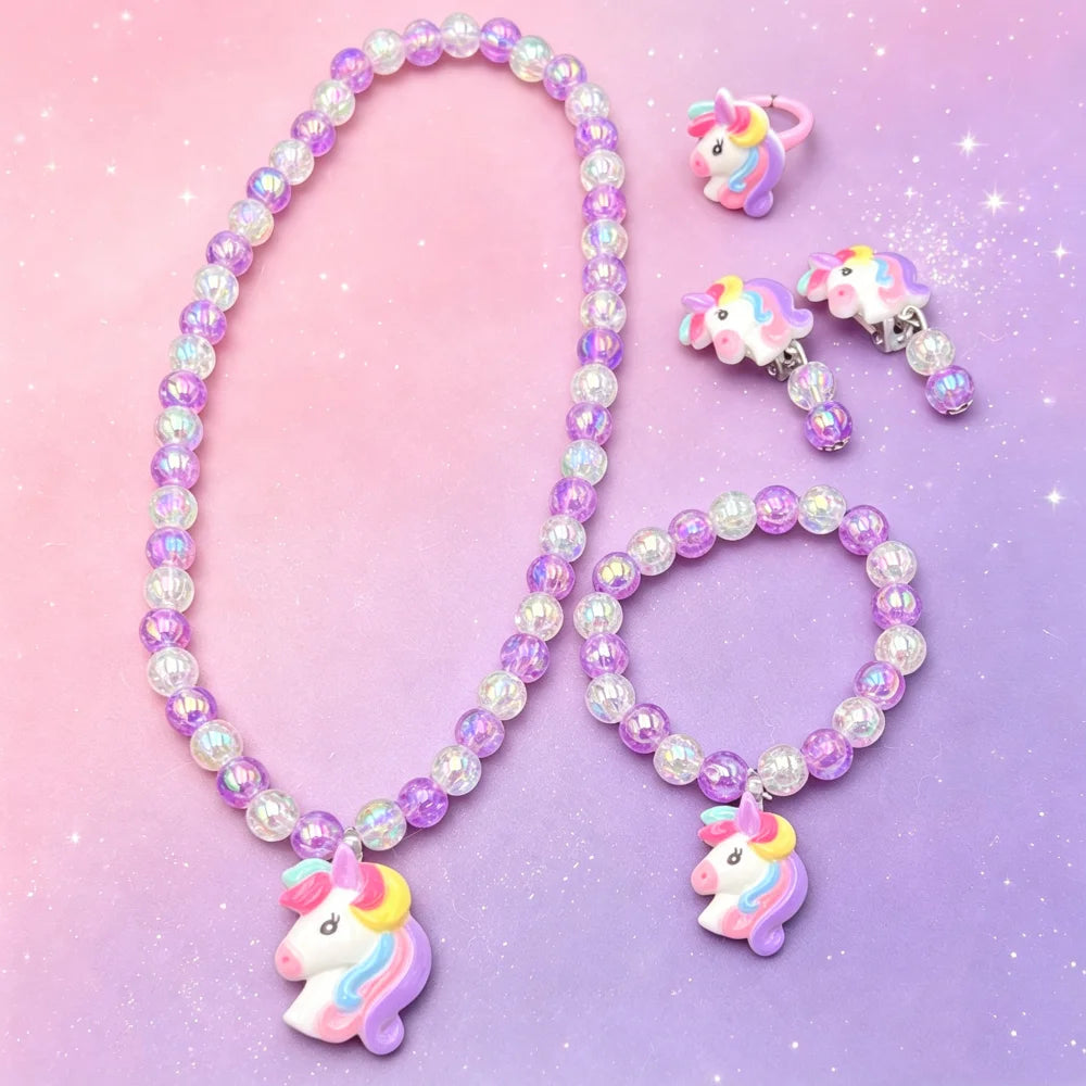 1 Set Handcrafted Unicorn Kids Beaded Jewelry Set Cute Animal Necklace Bracelet Ring And Hair Clips Set For Little Princess