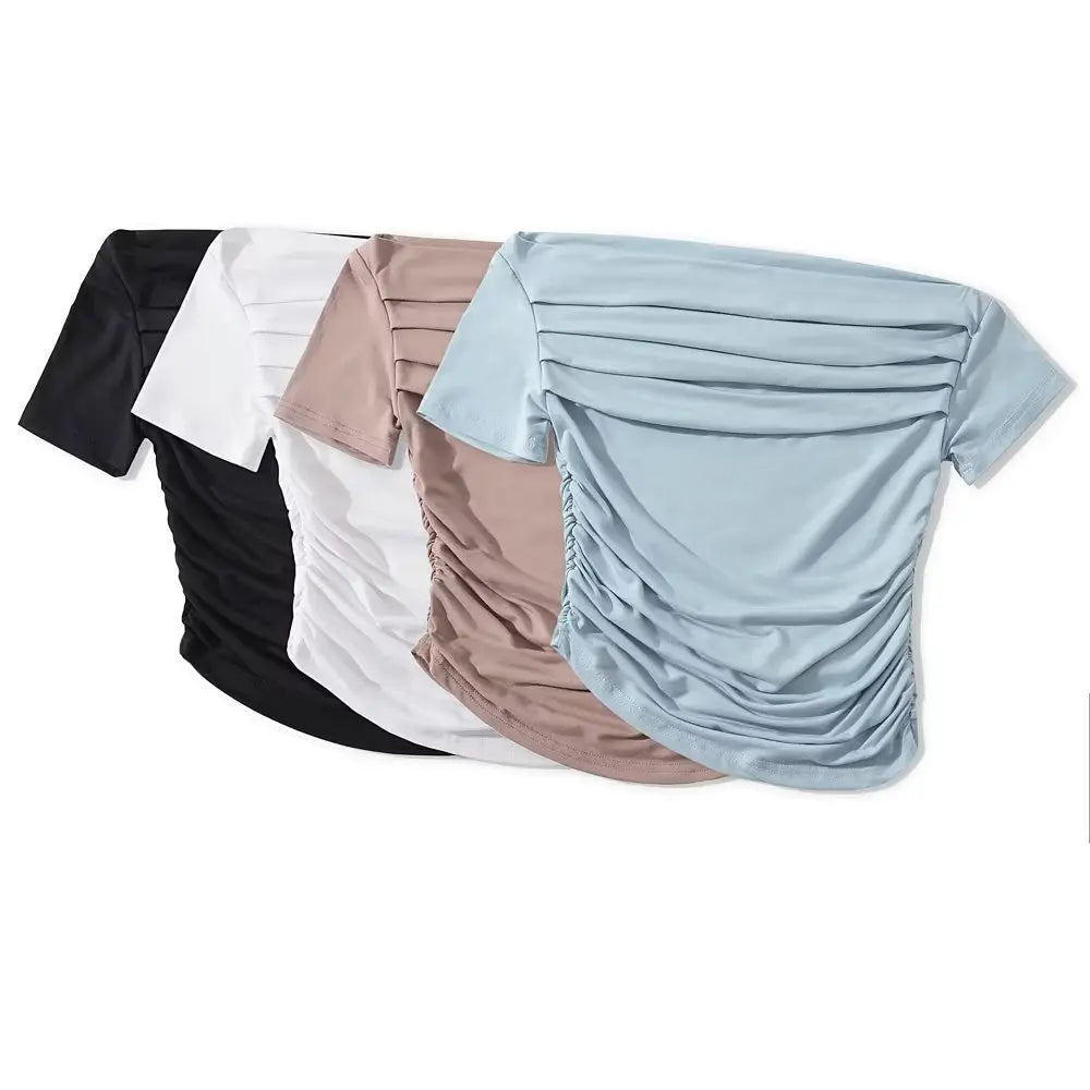 Sexy Spicy Girl Short Sleeve Slim Fit Pleated One Shoulder Base Shirt Street Snap Popular Thinming Street Snap Top for Summer