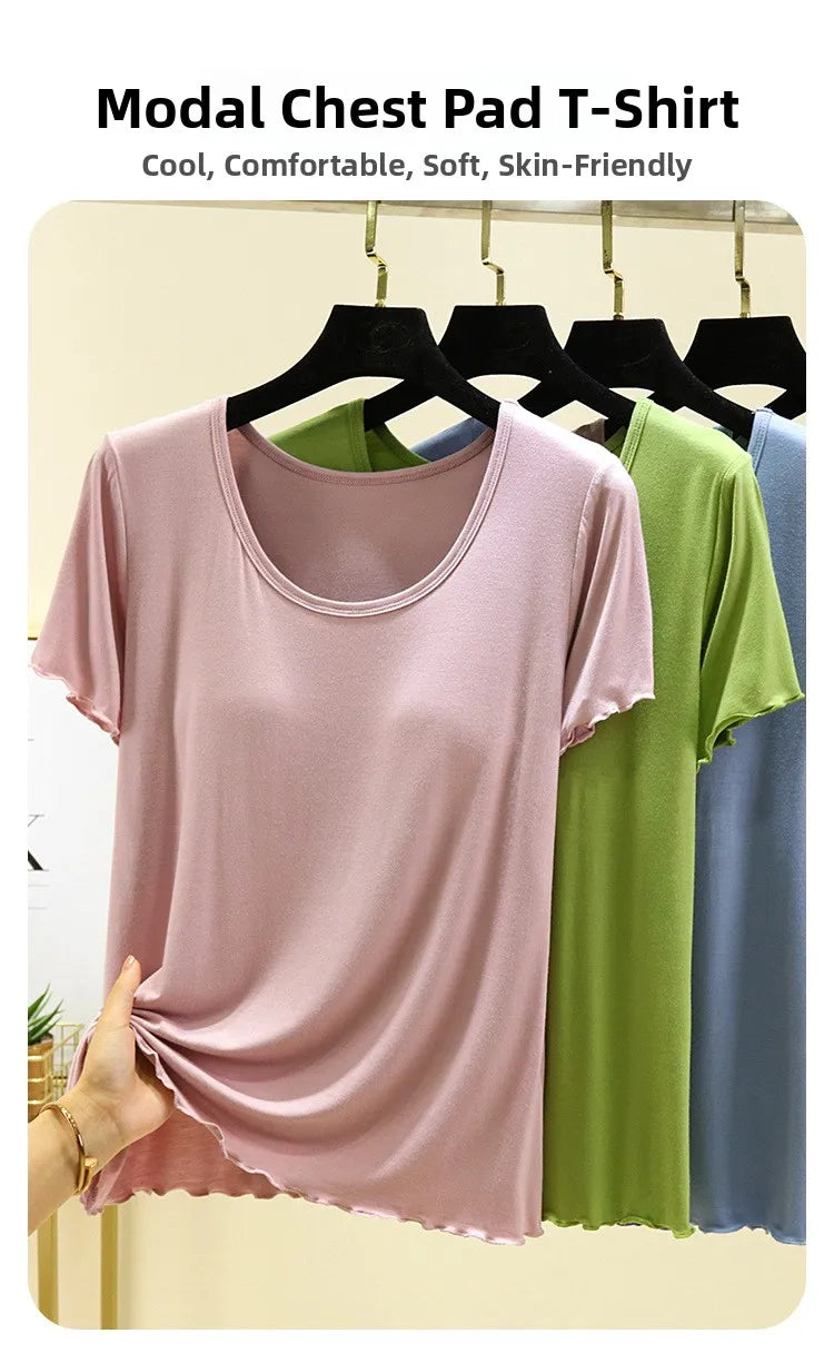 Modal No- Bra T-Shirt One-Piece Short Sleeve Women Summer Wear Casual Solid Color Base Layer Outdoor Wear round Neck T-Shirt