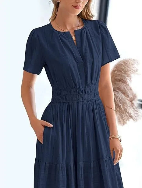 Summer Solid Color V-neck Tight Waist Dress French Style Elegant Pleated Large Swing Long Dress Casual Vacation Style Slimming M