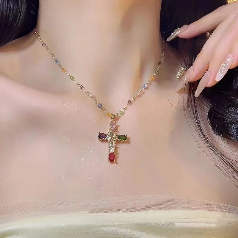 Fashion Colorful Zircon Cross Pendant Necklace For Women Stainless Steel Silver Color Charm Religious Necklaces Jewelry