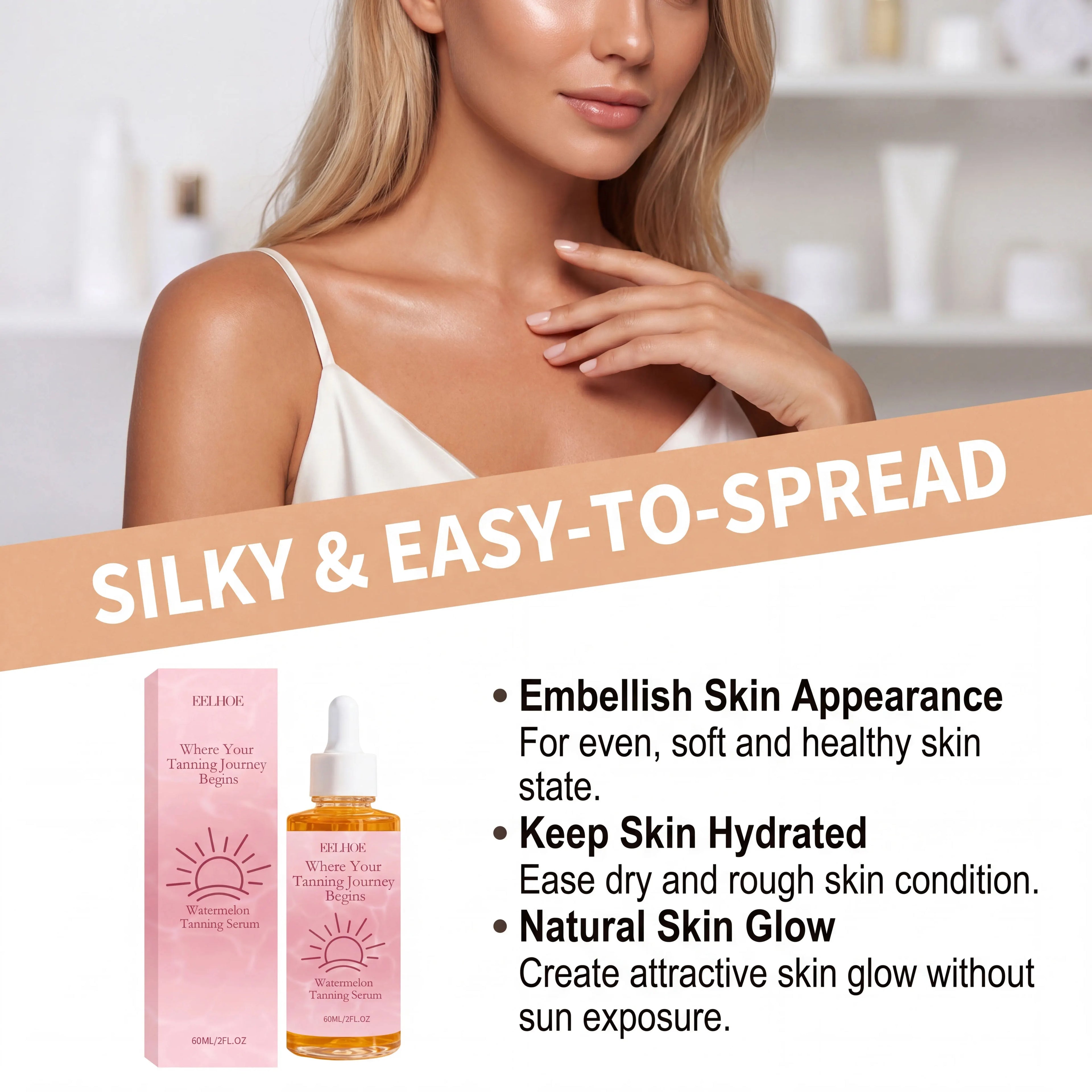 Watermelon Tanning Serum Moisturizing Evens Bronzed Glow Skin Tone Improve Skin Texture Natural Sun-Kissed Body Tanning Essence