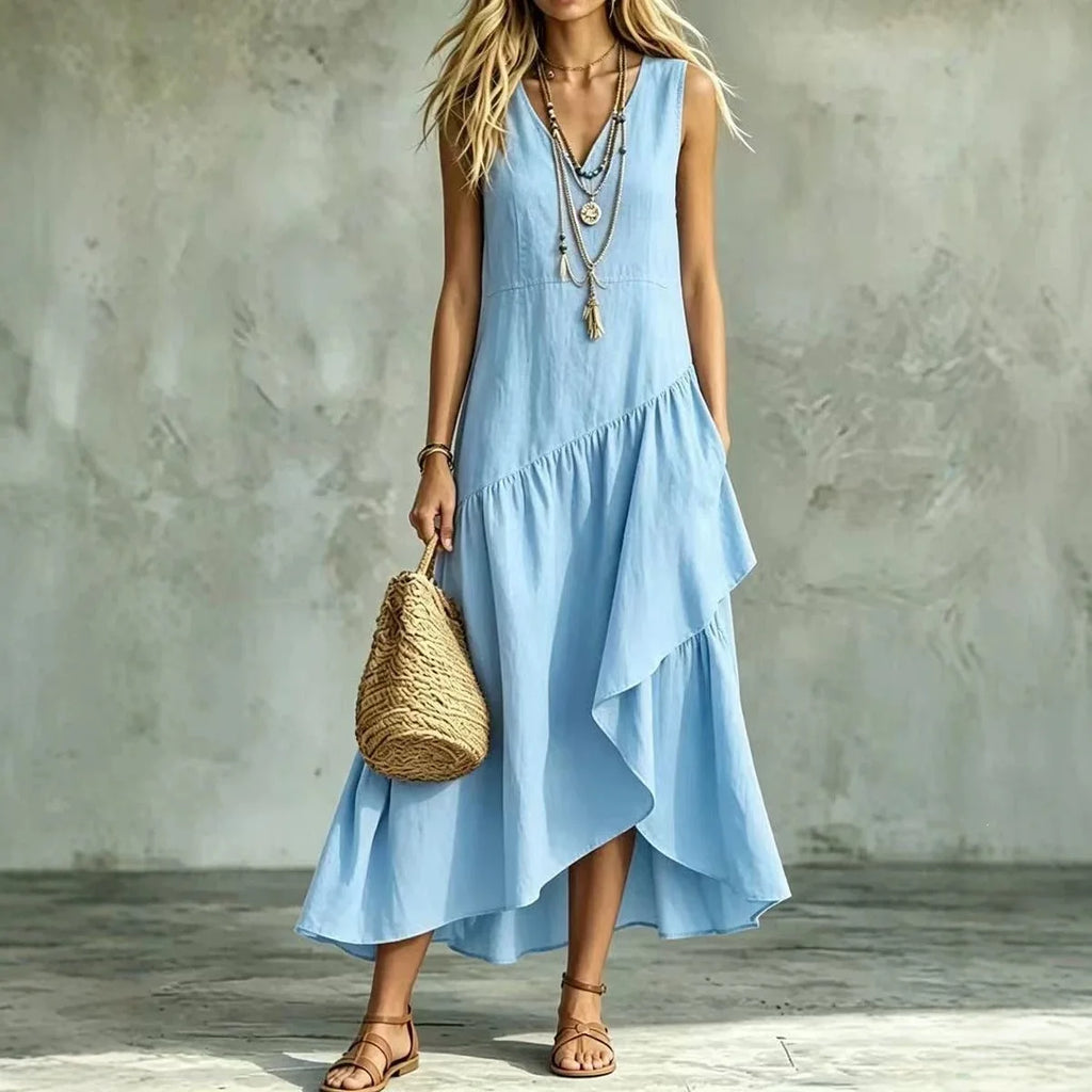 Summer 2026 New Arrival French Style Sleeveless V-Neck Asymmetrical Long Dress with Ruffle Hem Elegant Casual Tourist Wear