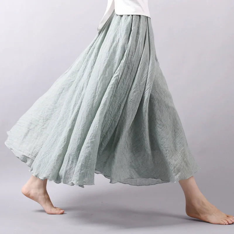 New In 2026 Spring Summer Woman Cotton Linen Midi Skirt Solid Color Loose Flared Pleated A-line Skirt Female Sweet Elegant Skirt