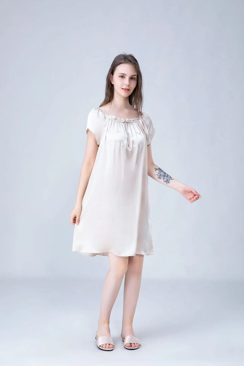 Women's 100% Mulberry Silk Sleep Dress Short Sleeve Summer Spring New Arrival Loose Solid Color Embroidered Doll Sleepwear