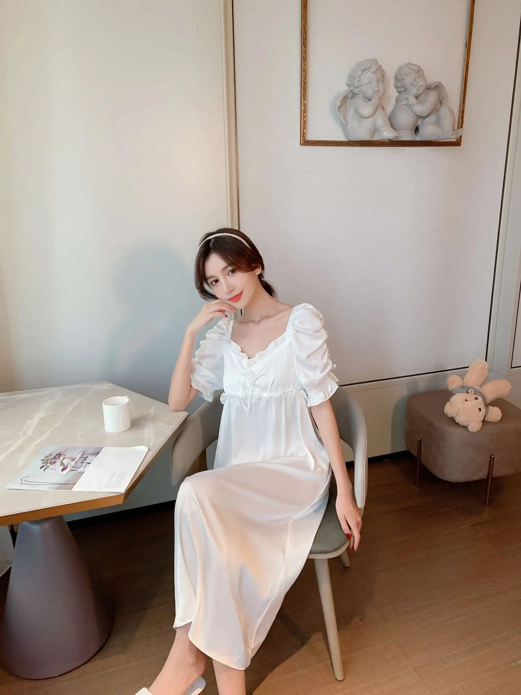 Satin Long Nightgown Women Sweet Lovely French Sleepwear Retro Silk Short Sleeve Sleepshirt Ladies Fashion Nightdress Home Dress