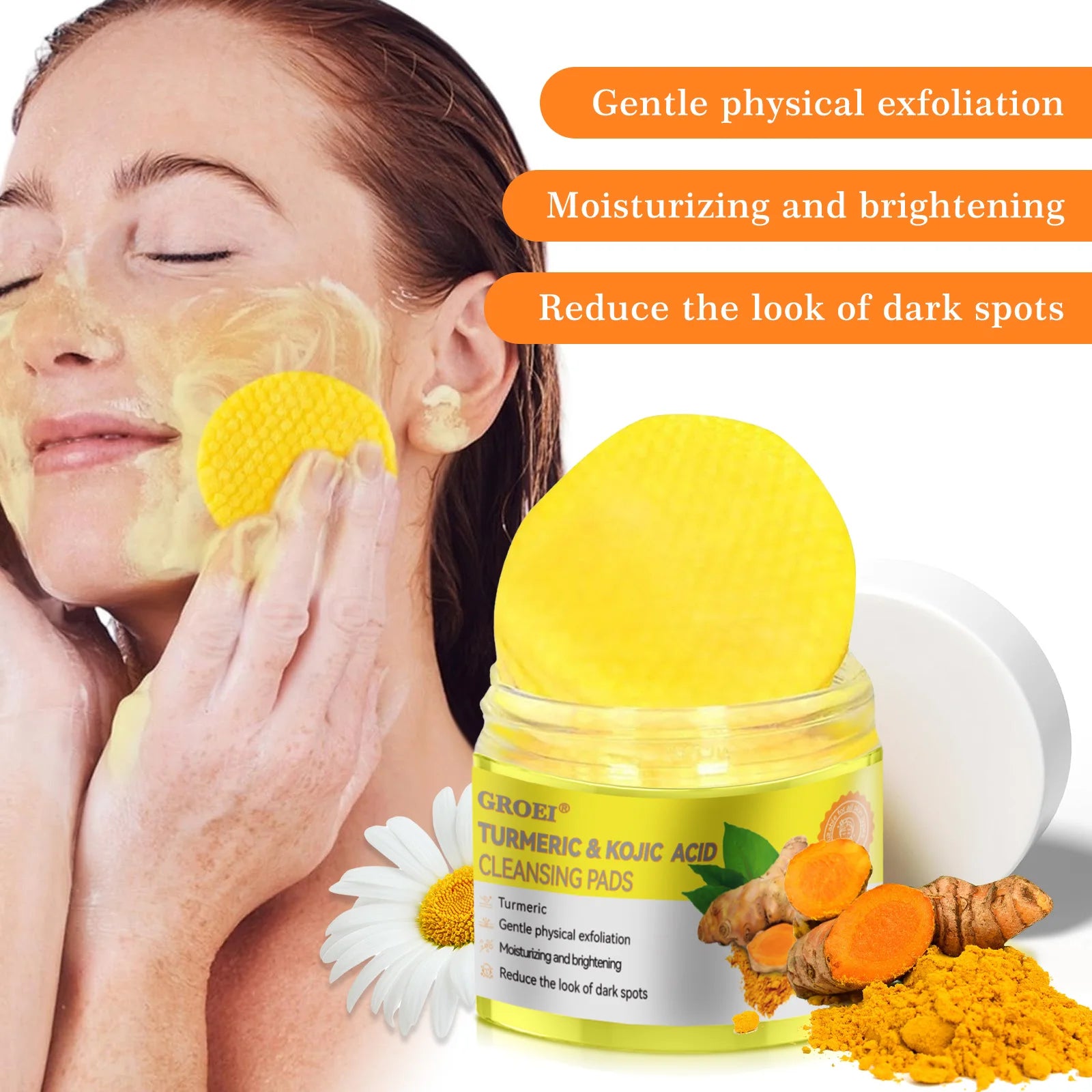 50pcs Turmeric Kojic Acid Cleansing Pads Exfoliating Pads Facial Sponges For Cleansing Exfoliating Daily Cleansing Skin Care
