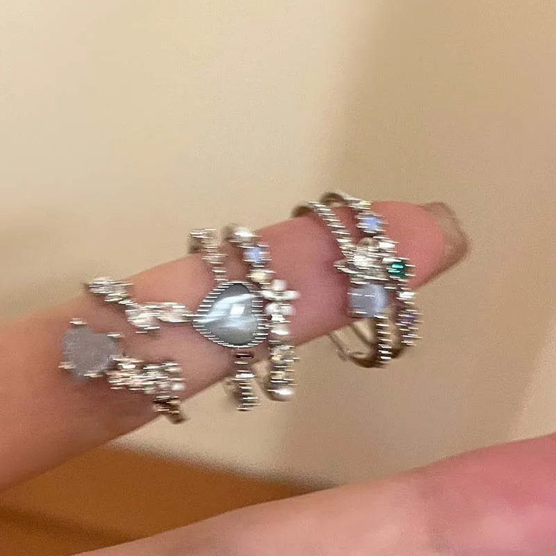 Fashion Blue Opal Heart Rings for Women Kpop Punk Gothic Open Flower Rhinestone Finger Rings Wedding Party Trendy  Jewelry